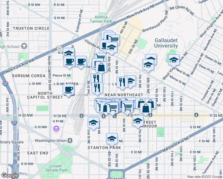 map of restaurants, bars, coffee shops, grocery stores, and more near 1009 4th Street Northeast in Washington