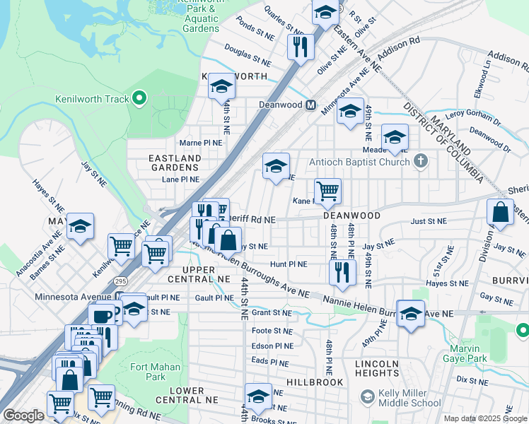 map of restaurants, bars, coffee shops, grocery stores, and more near 1008 45th Street Northeast in Washington