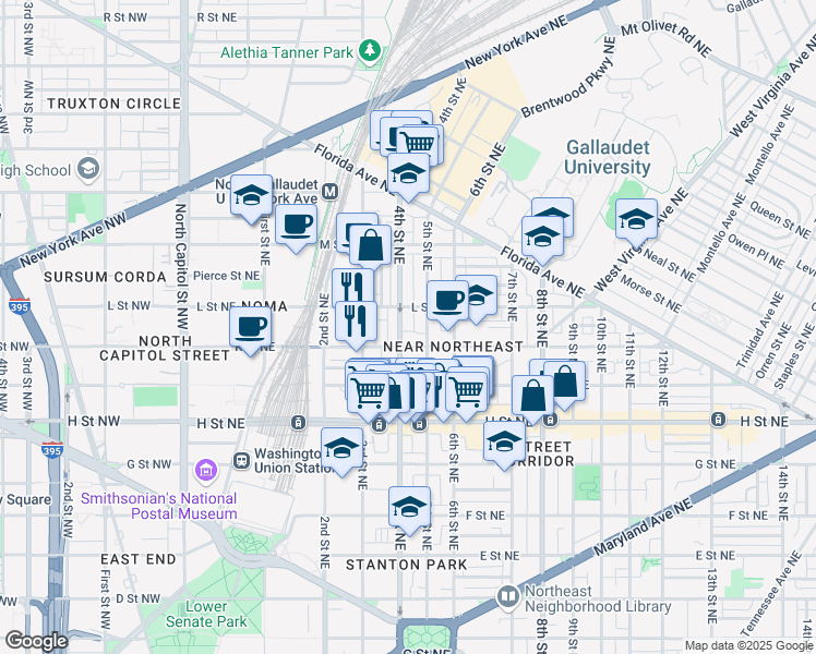 map of restaurants, bars, coffee shops, grocery stores, and more near 1009 4th Street Northeast in Washington