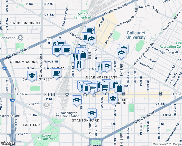 map of restaurants, bars, coffee shops, grocery stores, and more near 1009 4th Street Northeast in Washington