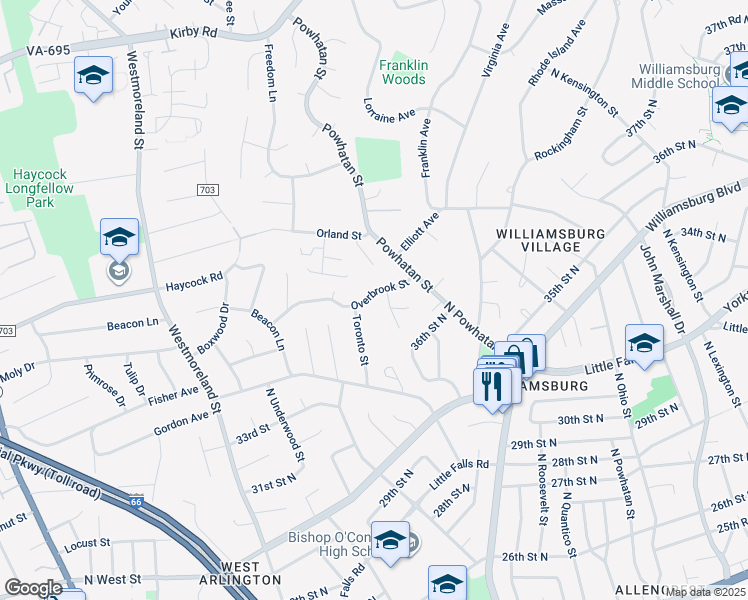map of restaurants, bars, coffee shops, grocery stores, and more near 6443 Overbrook Street in Falls Church