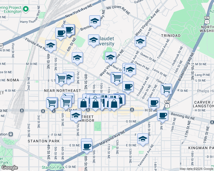 map of restaurants, bars, coffee shops, grocery stores, and more near 101 Independence Avenue Southeast in Washington