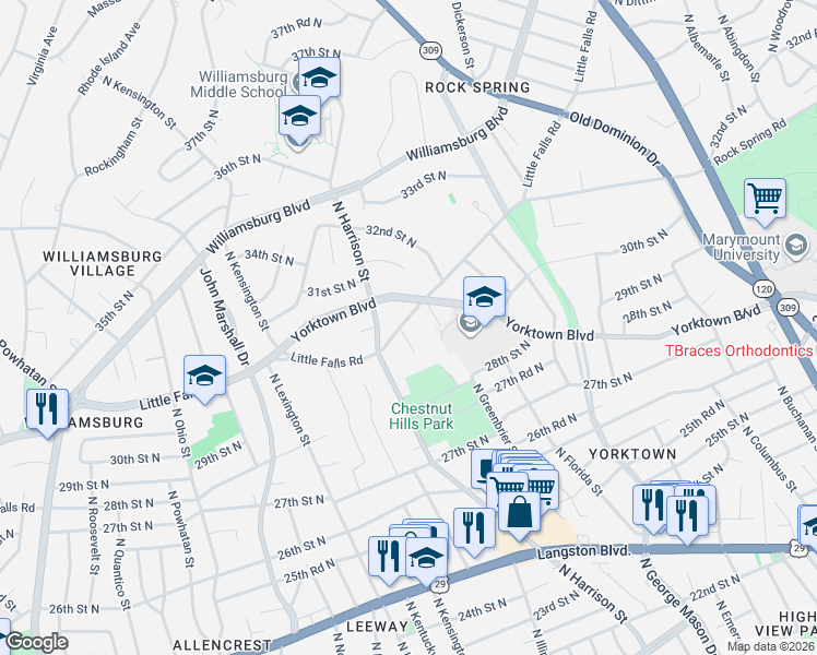 map of restaurants, bars, coffee shops, grocery stores, and more near 5316 Little Falls Road in Arlington