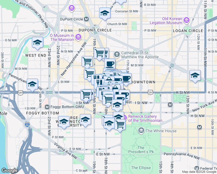 map of restaurants, bars, coffee shops, grocery stores, and more near 1015 18th Street Northwest in Washington
