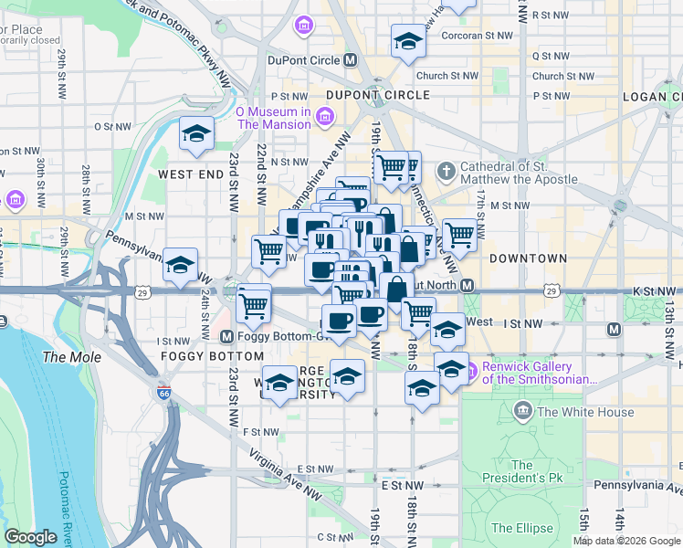 map of restaurants, bars, coffee shops, grocery stores, and more near 1046 20th Street Northwest in Washington