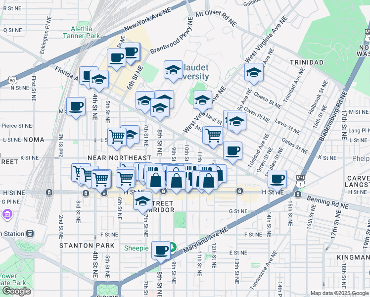 map of restaurants, bars, coffee shops, grocery stores, and more near 101 Independence Avenue Southeast in Washington
