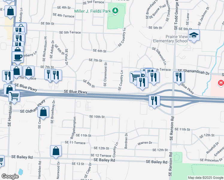 map of restaurants, bars, coffee shops, grocery stores, and more near 1413 Southeast 8th Street in Lee's Summit