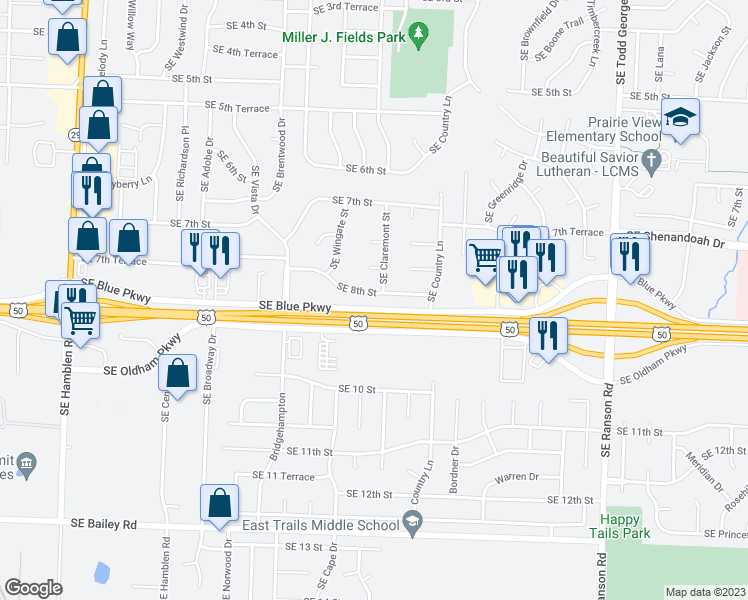map of restaurants, bars, coffee shops, grocery stores, and more near 1233 Southeast 8th Street in Lee's Summit