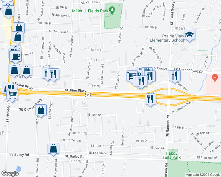 map of restaurants, bars, coffee shops, grocery stores, and more near 1419 Southeast 8th Street in Lee's Summit