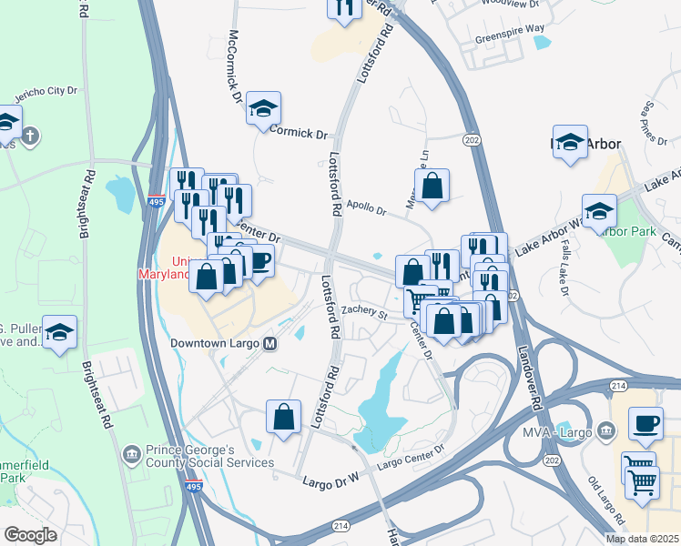map of restaurants, bars, coffee shops, grocery stores, and more near 9251 Lottsford Road in Upper Marlboro