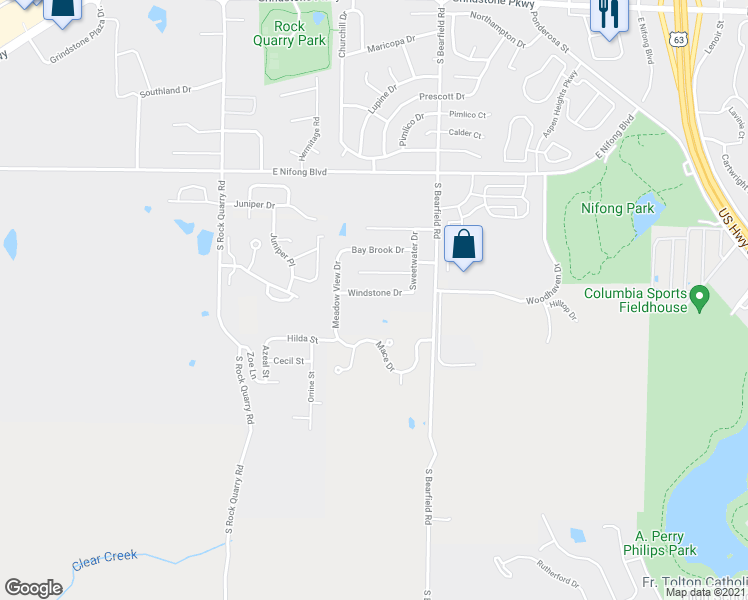 map of restaurants, bars, coffee shops, grocery stores, and more near 2202 Windstone Drive in Columbia