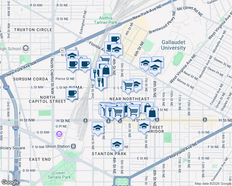 map of restaurants, bars, coffee shops, grocery stores, and more near 101 Independence Avenue Southeast in Washington