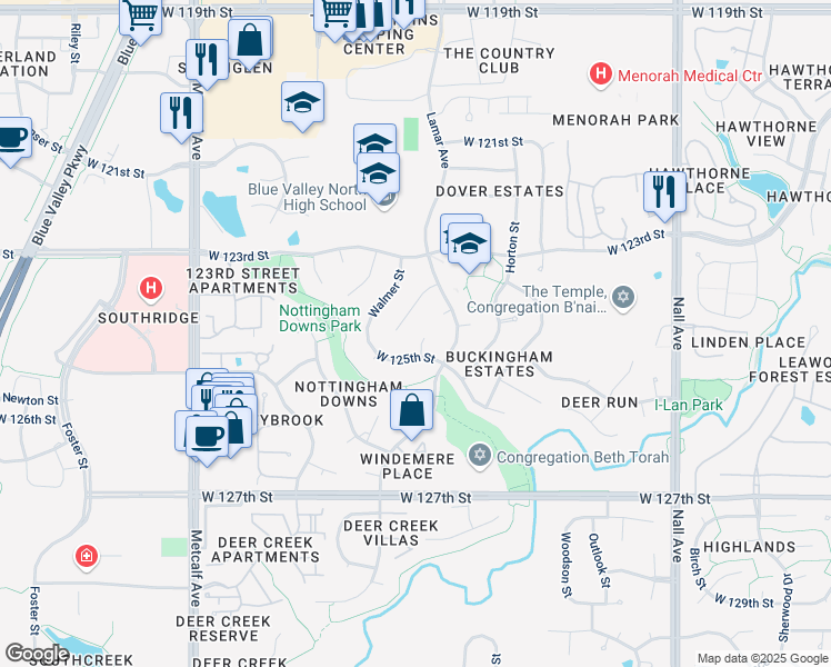 map of restaurants, bars, coffee shops, grocery stores, and more near 6305 West 125th Street in Leawood