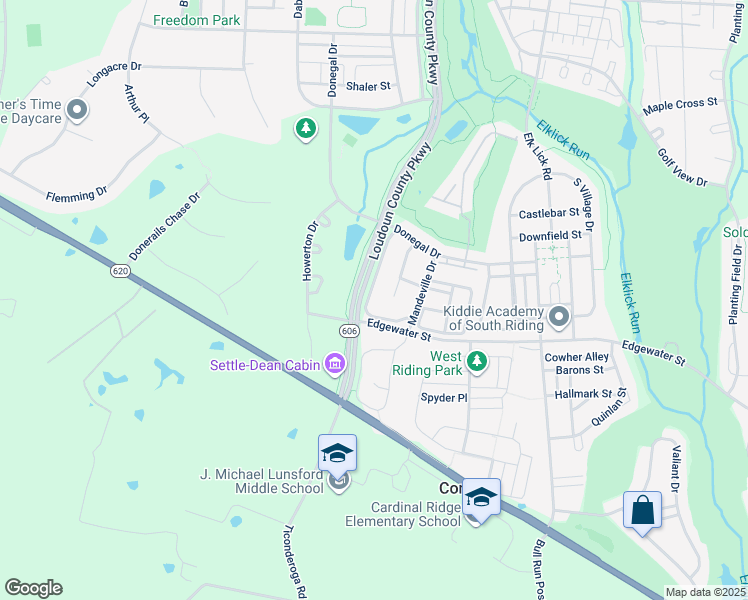 map of restaurants, bars, coffee shops, grocery stores, and more near 25804 Leonard Drive in Chantilly