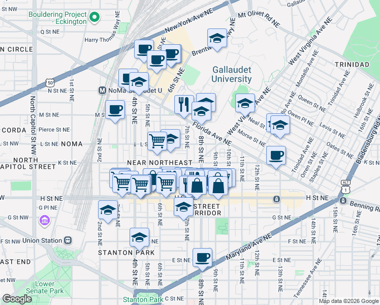 map of restaurants, bars, coffee shops, grocery stores, and more near 101 Independence Avenue Southeast in Washington