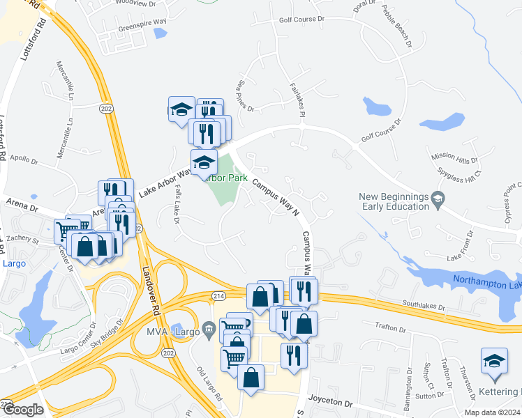 map of restaurants, bars, coffee shops, grocery stores, and more near 10403 Beacon Ridge Drive in Bowie