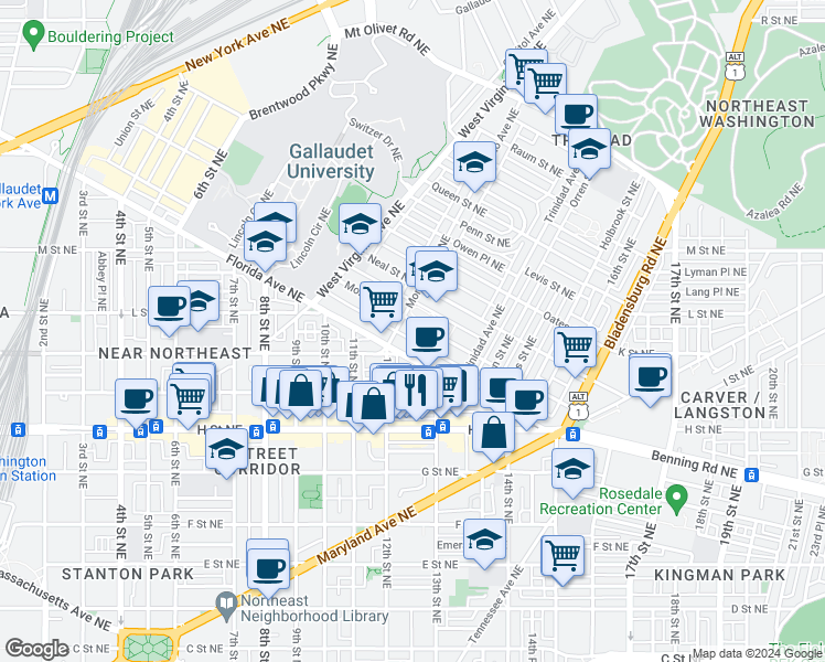 map of restaurants, bars, coffee shops, grocery stores, and more near 1205 Morse Street Northeast in Washington