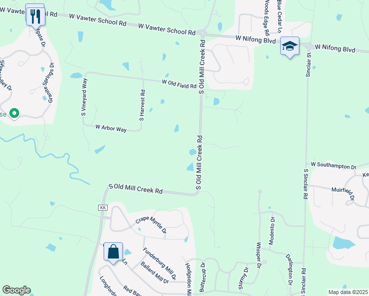 map of restaurants, bars, coffee shops, grocery stores, and more near 4601 South Old Mill Creek Road in Columbia