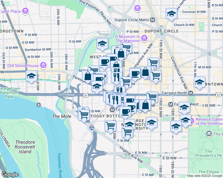 map of restaurants, bars, coffee shops, grocery stores, and more near 3 Washington Circle Northwest in Washington