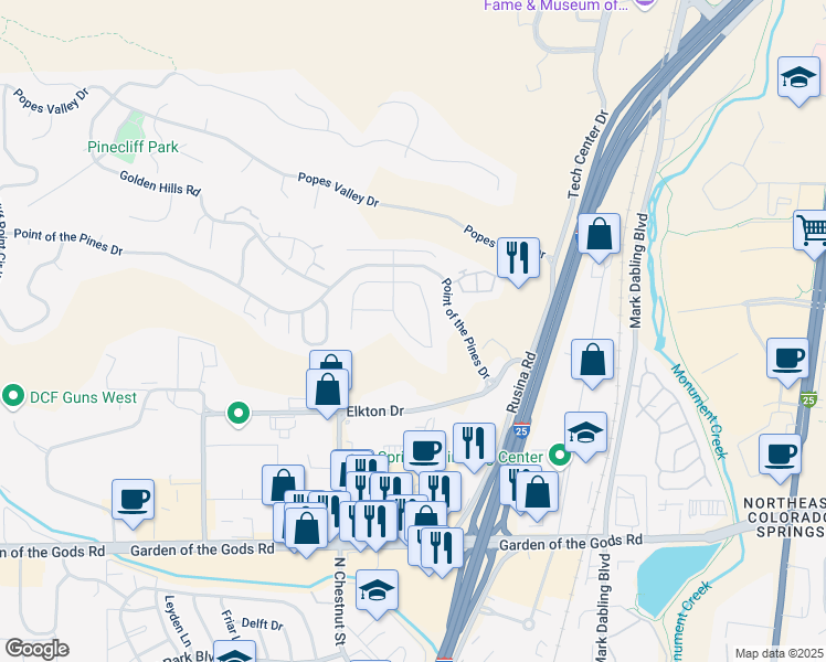 map of restaurants, bars, coffee shops, grocery stores, and more near 4930 Sunbird Cliffs Drive in Colorado Springs
