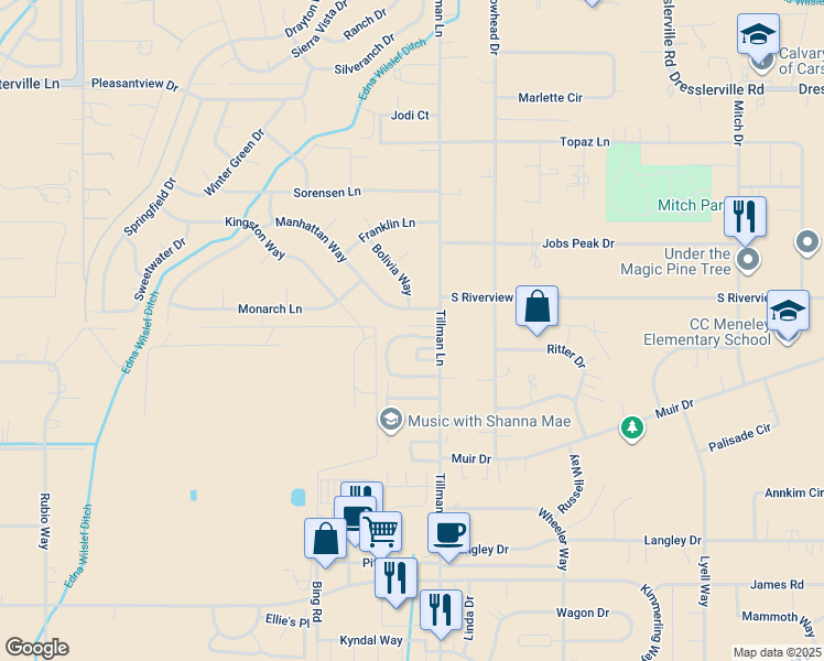 map of restaurants, bars, coffee shops, grocery stores, and more near 1284 Woodside Drive in Gardnerville