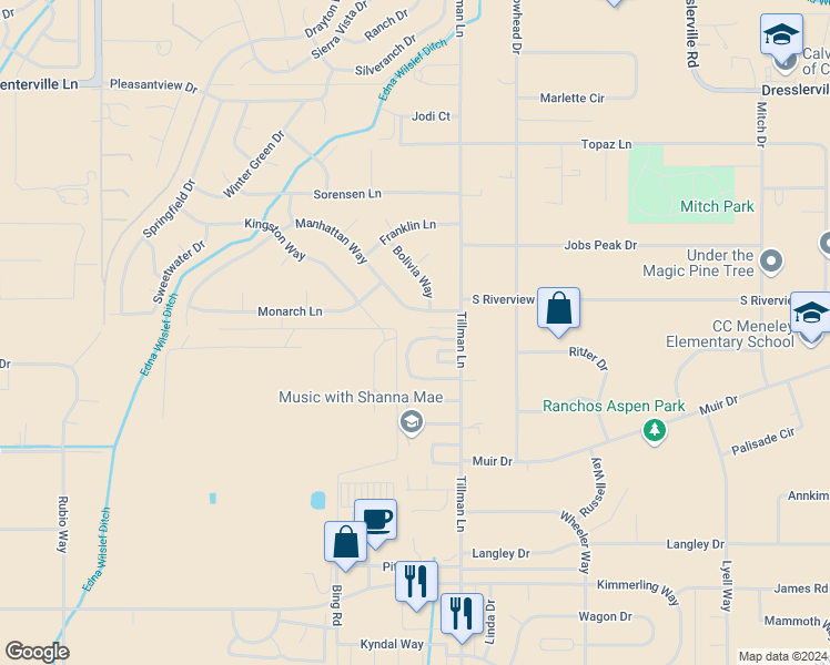 map of restaurants, bars, coffee shops, grocery stores, and more near 1284 Woodside Drive in Gardnerville