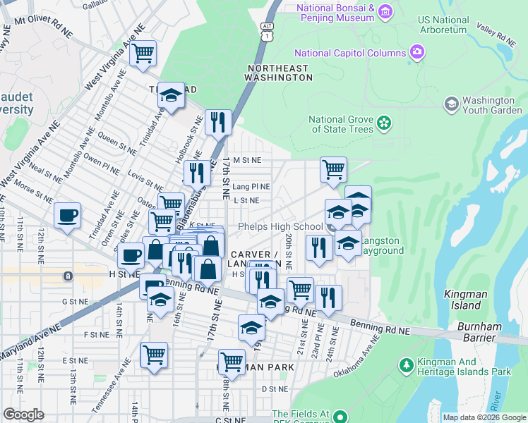 map of restaurants, bars, coffee shops, grocery stores, and more near 101 Independence Avenue Southeast in Washington