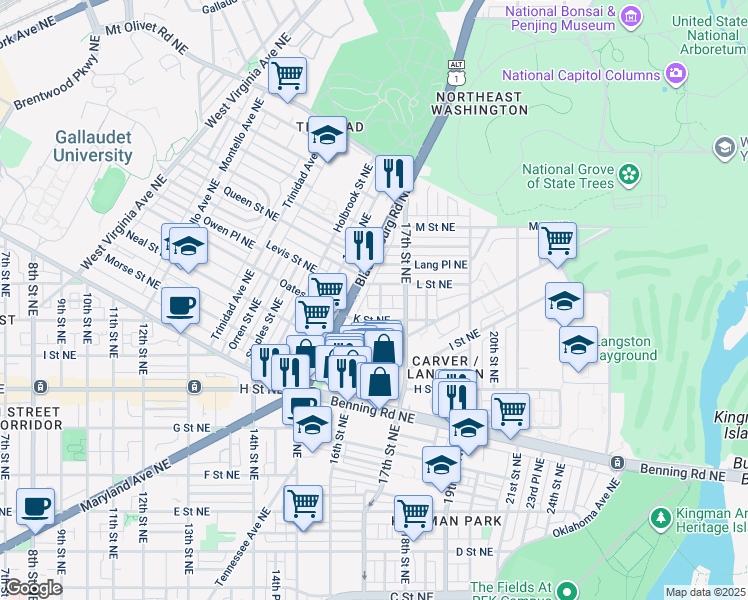 map of restaurants, bars, coffee shops, grocery stores, and more near 1016 17th Place Northeast in Washington