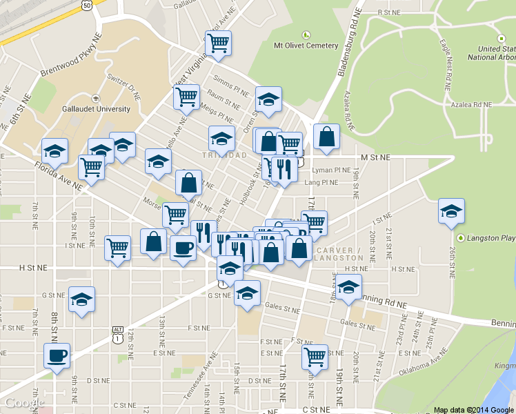map of restaurants, bars, coffee shops, grocery stores, and more near 101 Independence Avenue Southeast in Washington