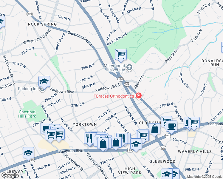 map of restaurants, bars, coffee shops, grocery stores, and more near 4822 Yorktown Boulevard in Arlington