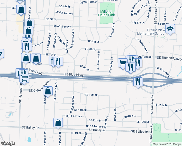 map of restaurants, bars, coffee shops, grocery stores, and more near 1209 Southeast 8th Street in Lee's Summit