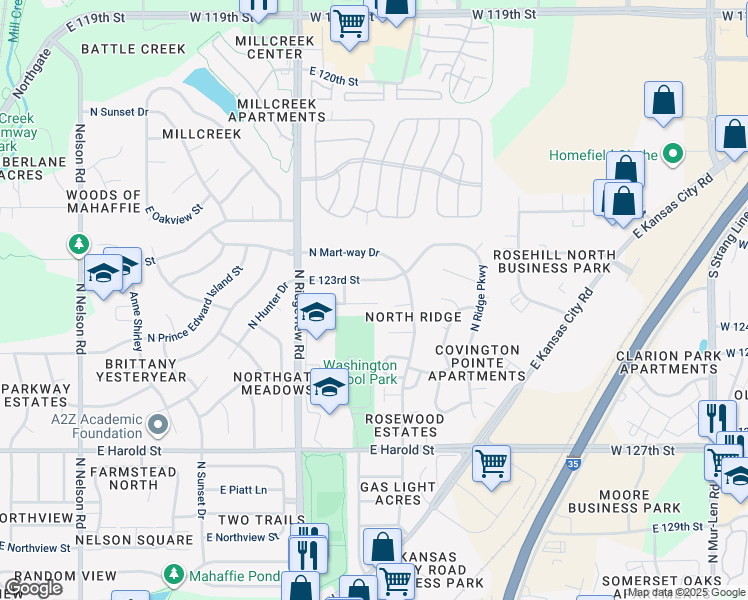 map of restaurants, bars, coffee shops, grocery stores, and more near 1402 East 124th Street in Olathe