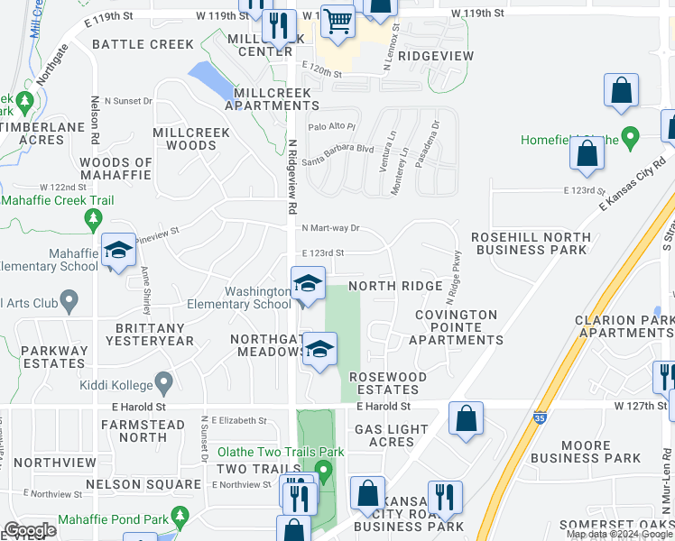 map of restaurants, bars, coffee shops, grocery stores, and more near 1307 East 123rd Terrace in Olathe