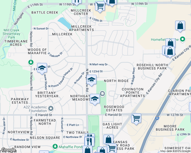 map of restaurants, bars, coffee shops, grocery stores, and more near 1307 East 123rd Terrace in Olathe