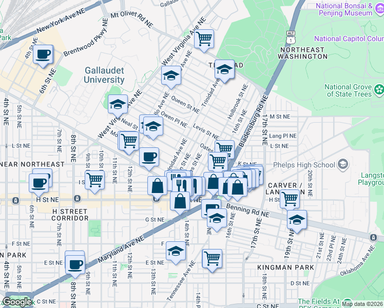map of restaurants, bars, coffee shops, grocery stores, and more near 1305 Orren Street Northeast in Washington