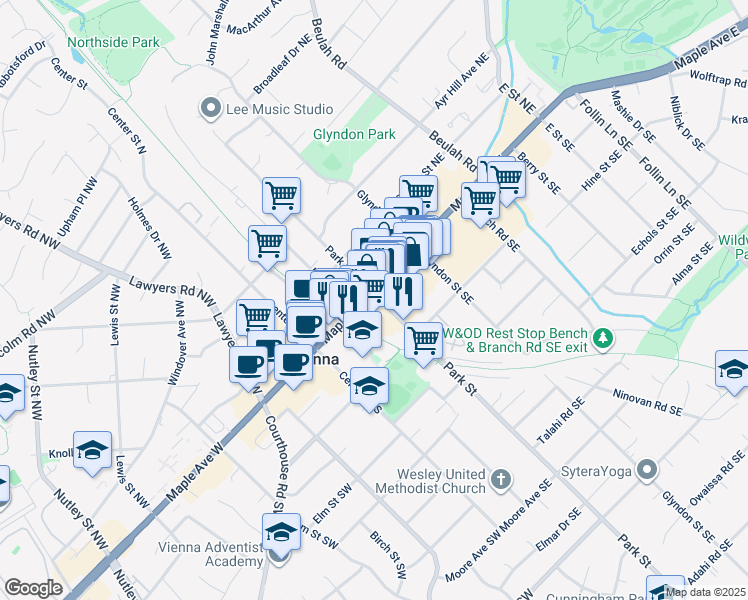 map of restaurants, bars, coffee shops, grocery stores, and more near 101 Park Street in Vienna
