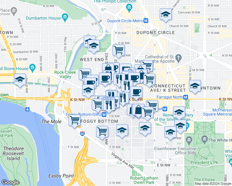 map of restaurants, bars, coffee shops, grocery stores, and more near 22nd Street Northwest in Washington