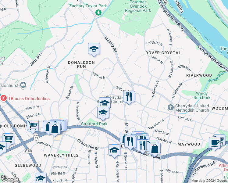 map of restaurants, bars, coffee shops, grocery stores, and more near 4019 Lorcom Lane in Arlington