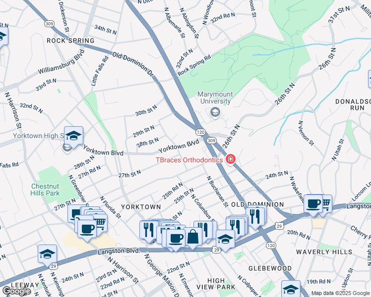 map of restaurants, bars, coffee shops, grocery stores, and more near 4822 Yorktown Boulevard in Arlington