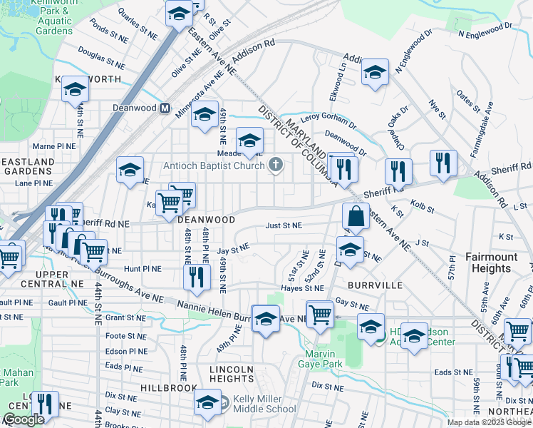 map of restaurants, bars, coffee shops, grocery stores, and more near 5045 Sheriff Road Northeast in Washington