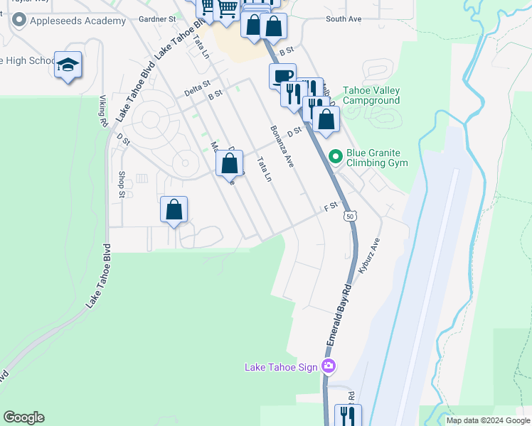 map of restaurants, bars, coffee shops, grocery stores, and more near 1267 Dedi Avenue in South Lake Tahoe