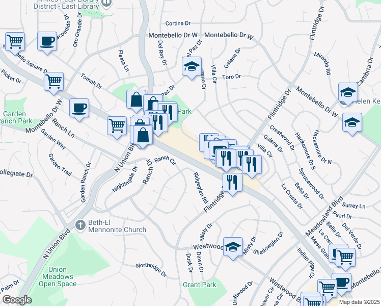 map of restaurants, bars, coffee shops, grocery stores, and more near 5034 El Camino Drive in Colorado Springs