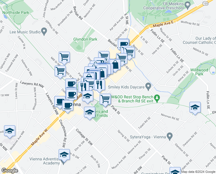 map of restaurants, bars, coffee shops, grocery stores, and more near 214 Locust Street Southeast in Vienna