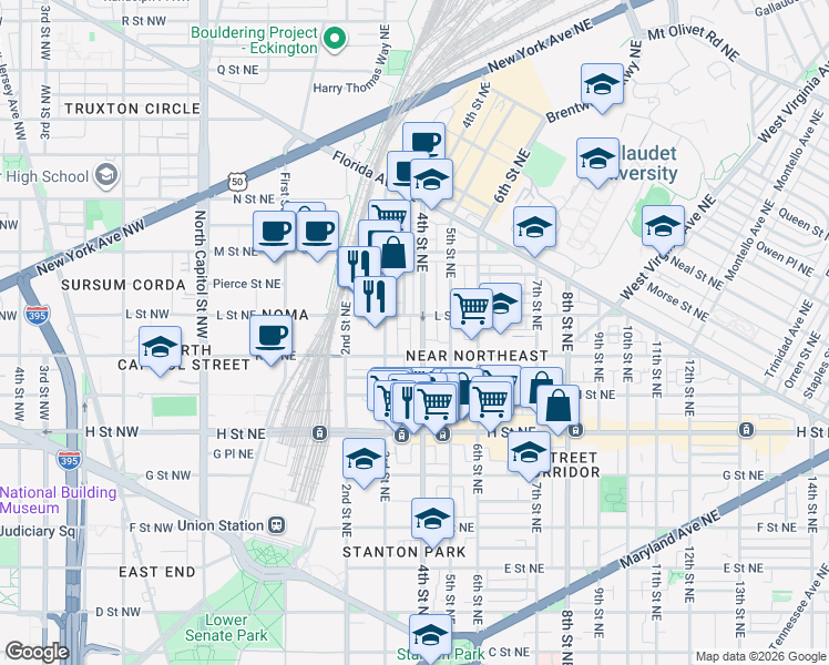 map of restaurants, bars, coffee shops, grocery stores, and more near 101 Independence Avenue Southeast in Washington