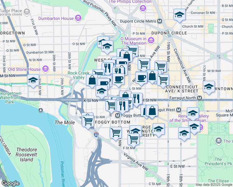 map of restaurants, bars, coffee shops, grocery stores, and more near 3 Washington Circle Northwest in Washington