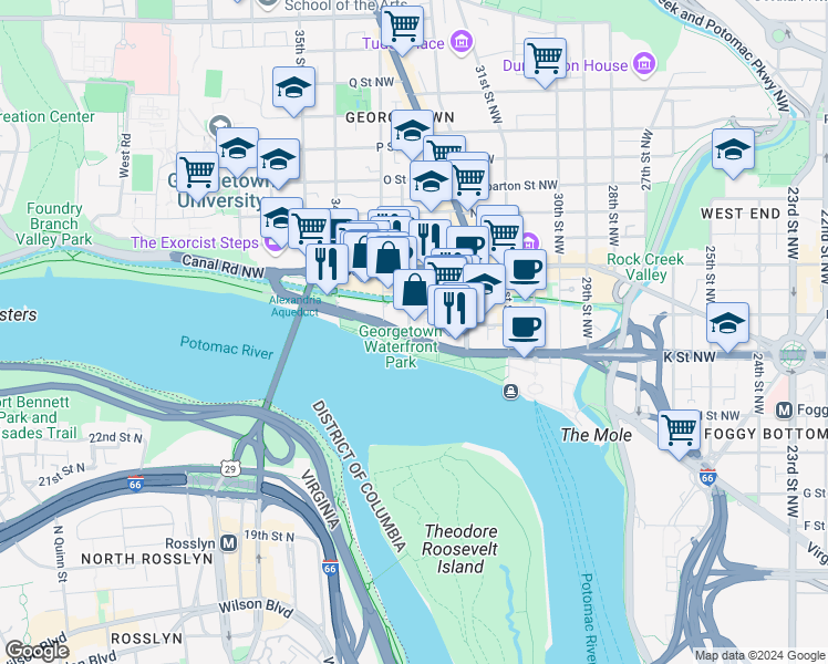 map of restaurants, bars, coffee shops, grocery stores, and more near 3299 Water Street Northwest in Washington
