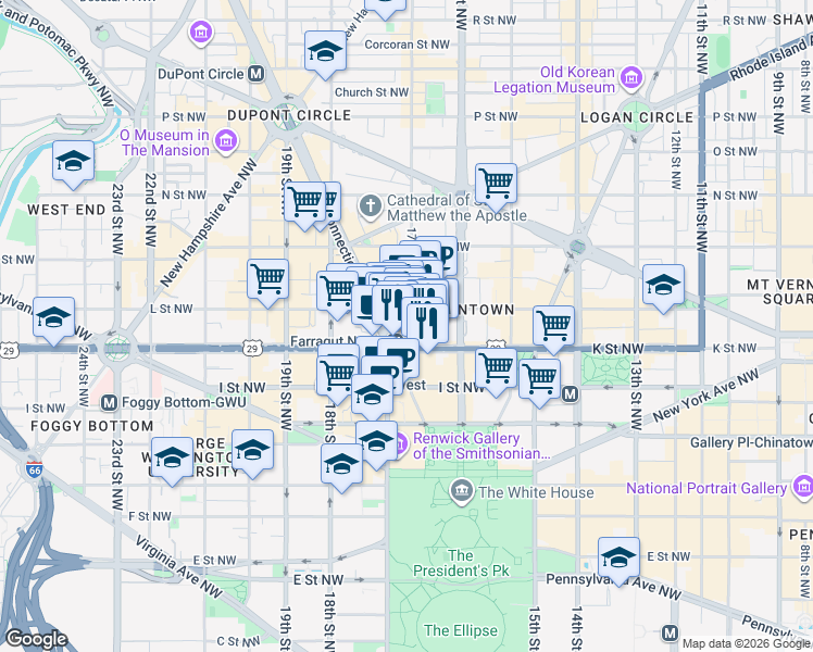 map of restaurants, bars, coffee shops, grocery stores, and more near 1050 17th Street Northwest in Washington
