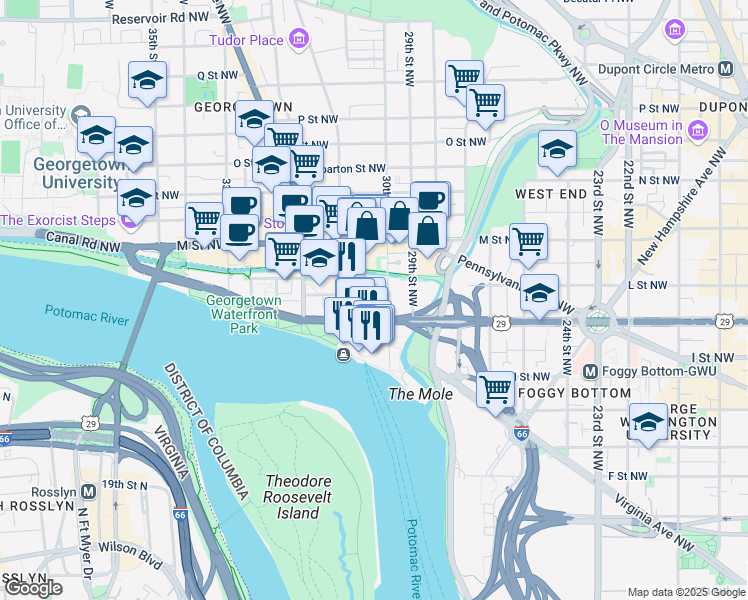 map of restaurants, bars, coffee shops, grocery stores, and more near 1025 Thomas Jefferson Street Northwest in Washington