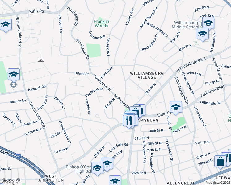 map of restaurants, bars, coffee shops, grocery stores, and more near 3607 North Powhatan Street in Arlington