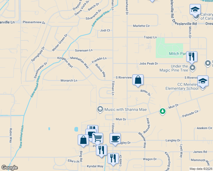map of restaurants, bars, coffee shops, grocery stores, and more near 1265 Redwood Circle in Gardnerville